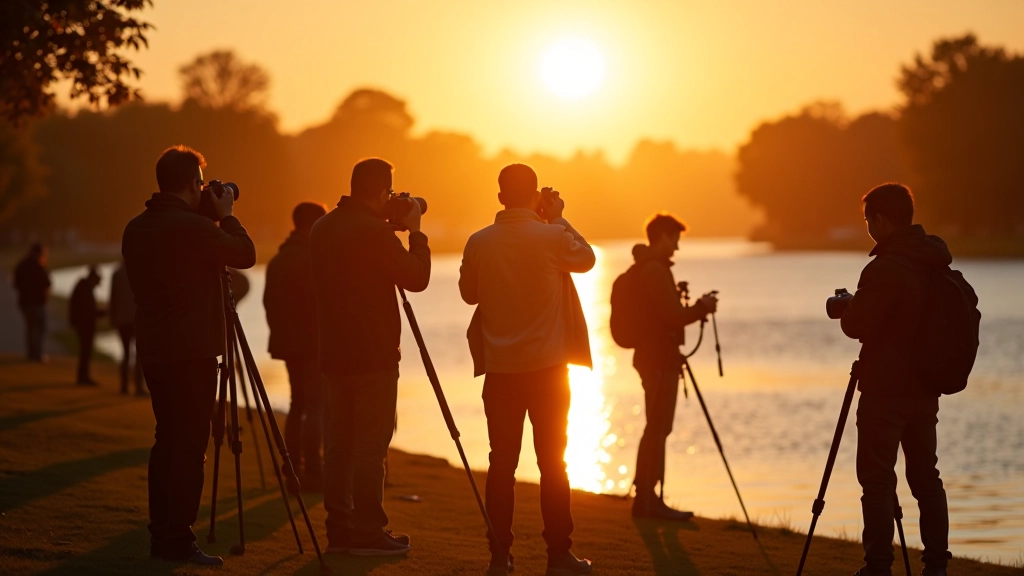 Keletas fotografų su profesionaliais fotoaparatais stovintys prie Neries kranto, su trikojais, fotografuojantys saulėlydį