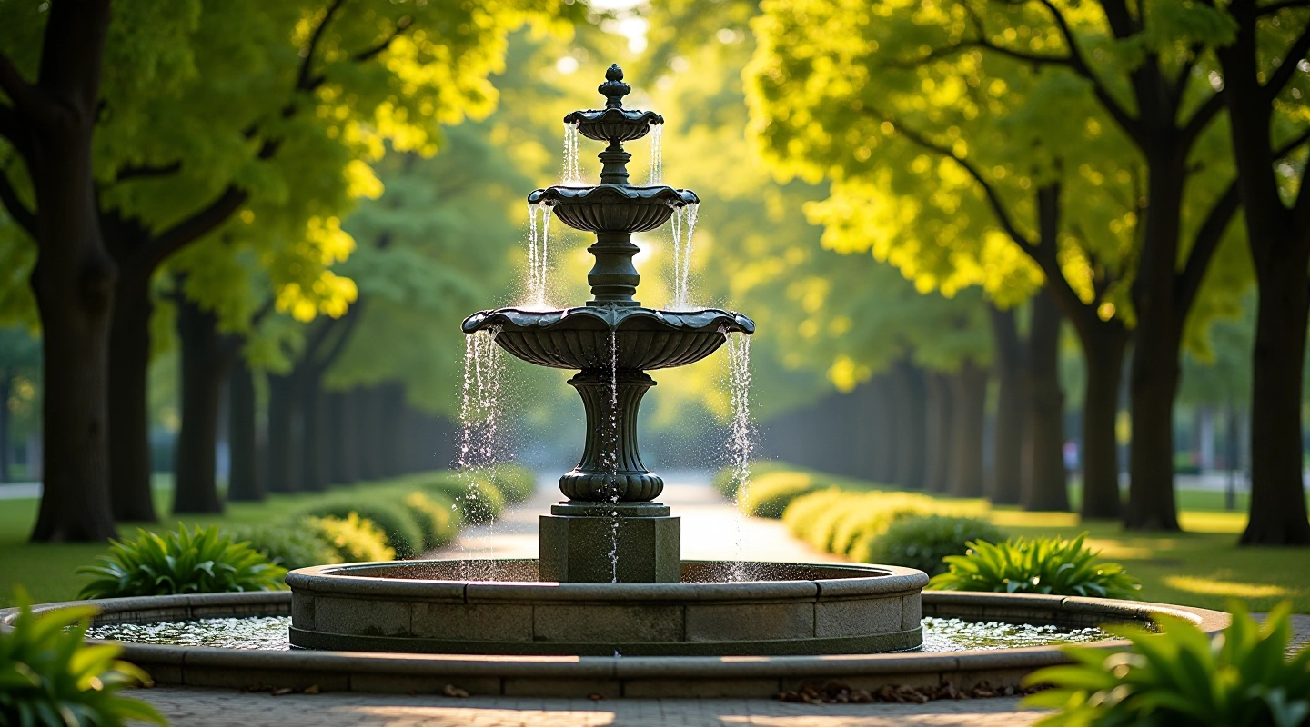 Senoji fontano statua Vingio parke, suapvalintas senvagis kryžius, žalios medžiai aplinkui