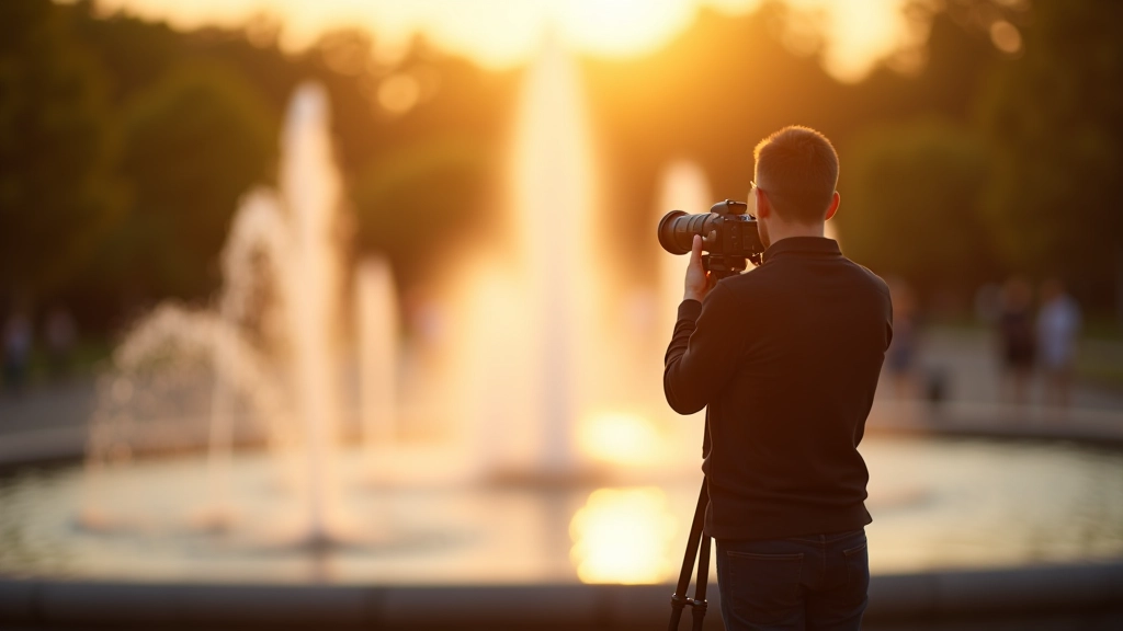 Fotografo su kamera ant trikojo fontano priekyje, vakaro šviesa, auksinės spalvos šešėliai